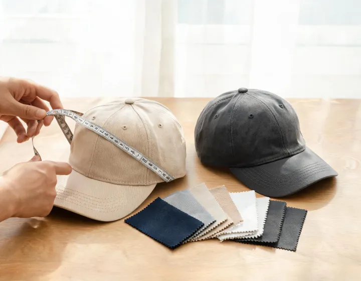 Buyer reviewing cap size measurements beside fabric swatches
