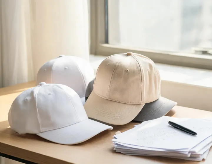 Packaging notes and plain baseball caps on procurement desk