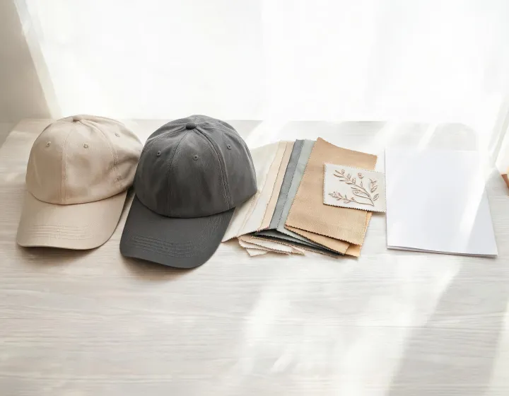 Baseball caps beside fabric swatches, embroidery sample and buyer requirement sheet