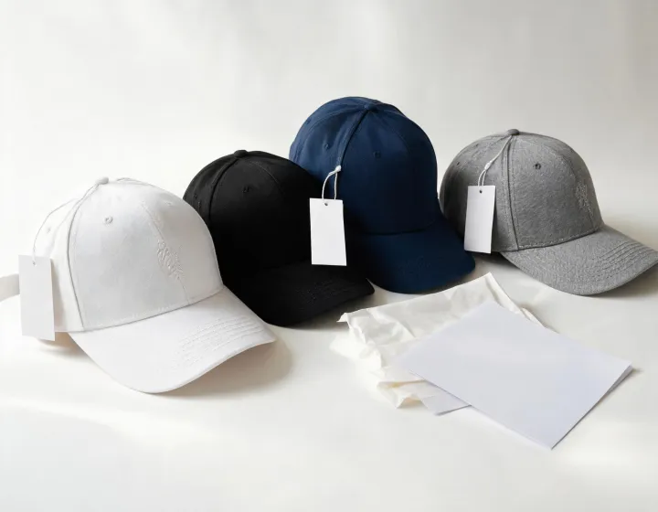 Retail baseball caps with blank hangtags and assortment packing notes