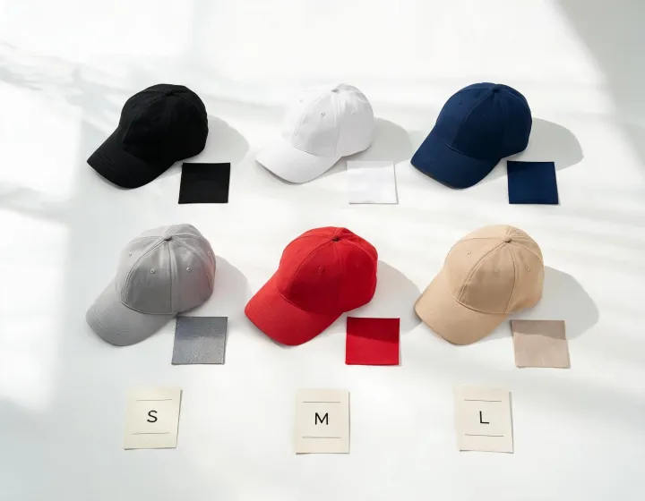 Team cap assortment with color swatches and size notes