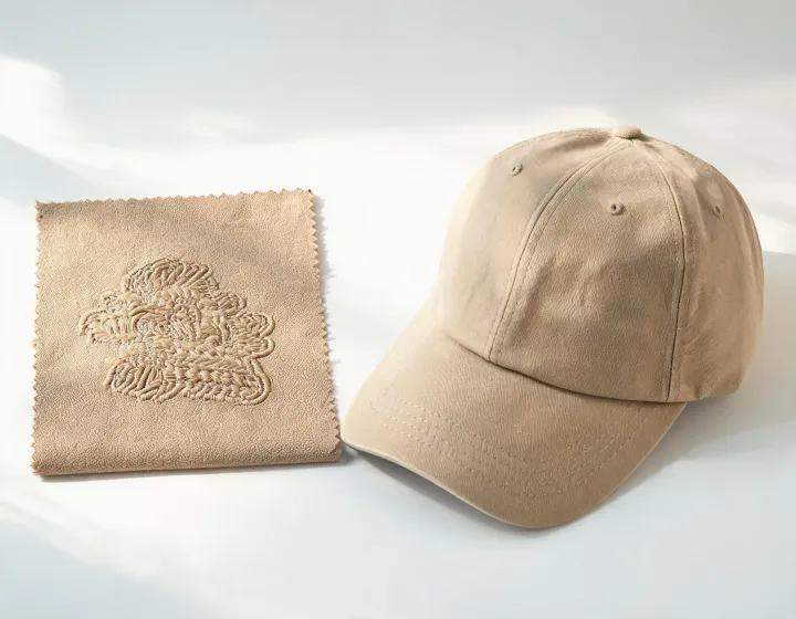 Embroidery stitch-out placed beside an unbranded finished cap