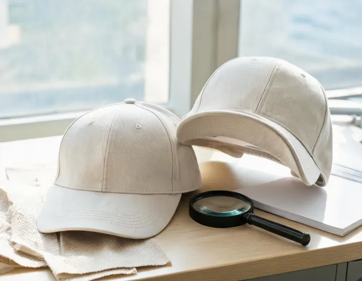 Cap fabric and brim construction review at a sourcing desk
